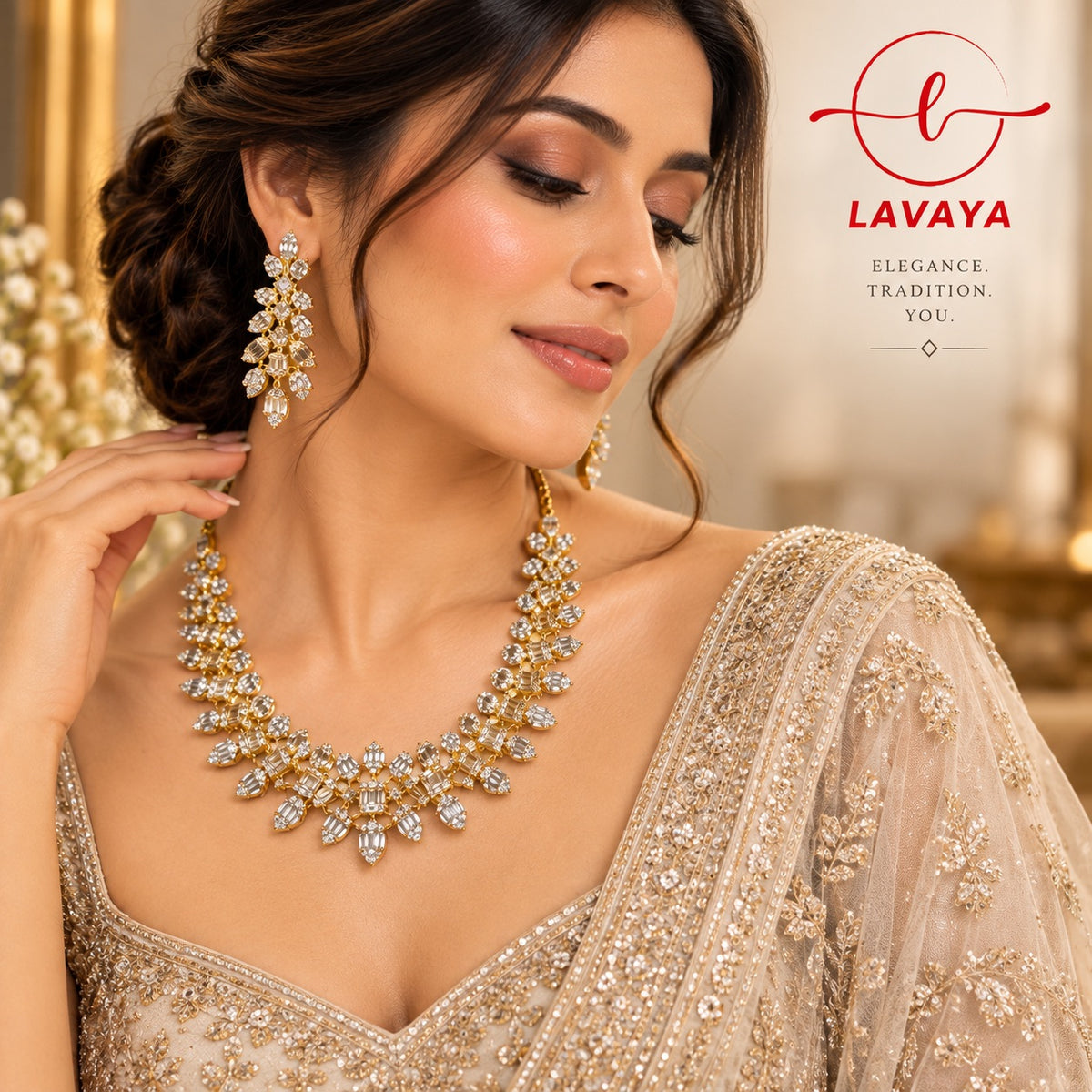 Lavaya Royal Golden Crystal Floral Statement Necklace Set with Matching Long Earrings