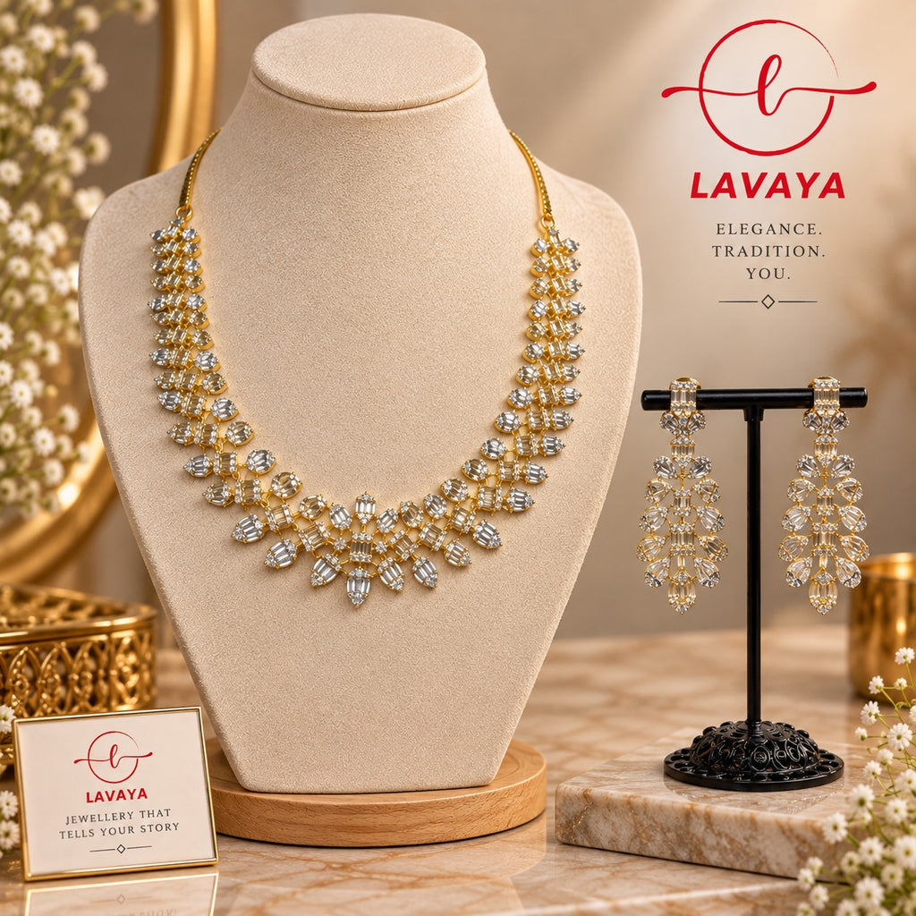 Lavaya Royal Golden Crystal Floral Statement Necklace Set with Matching Long Earrings