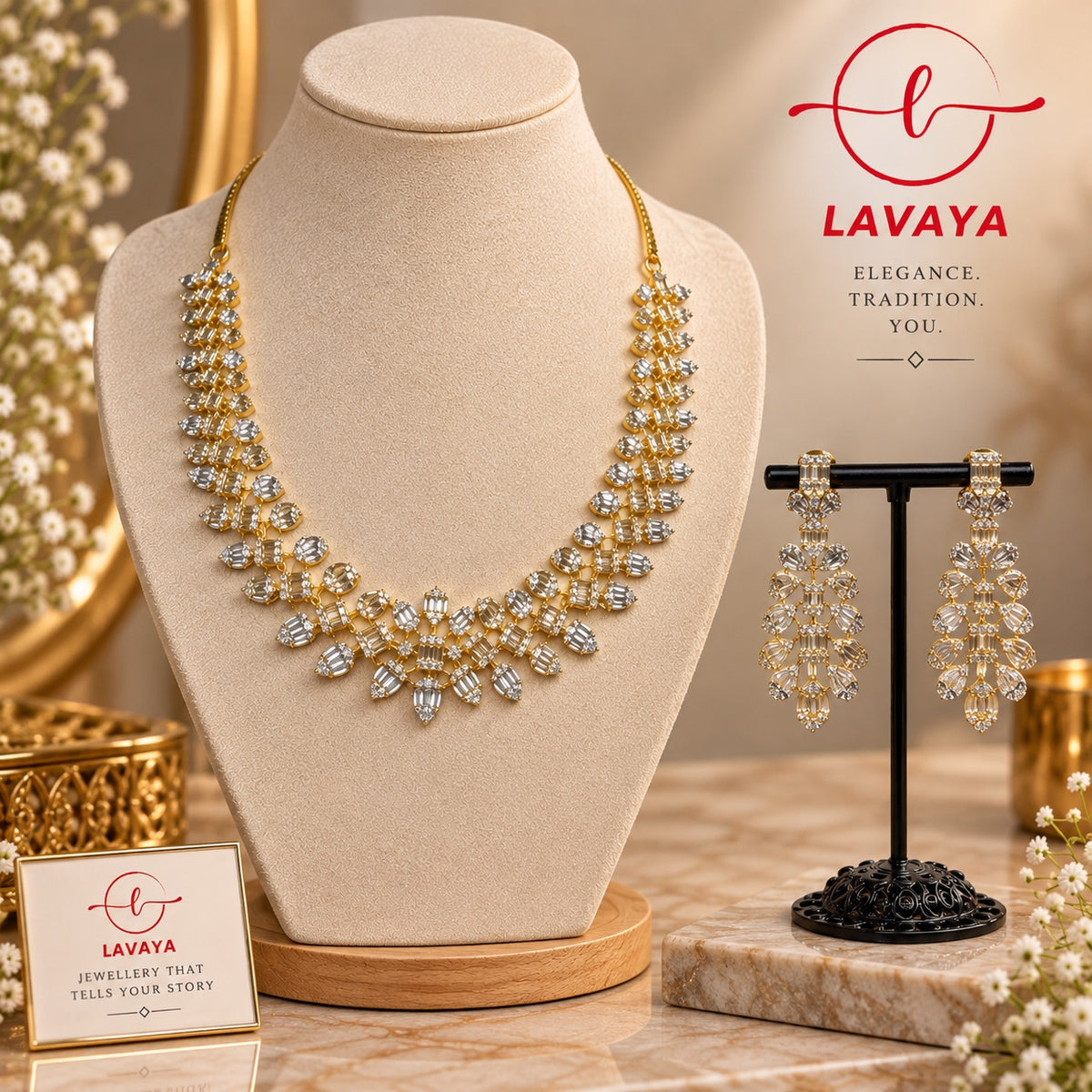 Lavaya Royal Golden Crystal Floral Statement Necklace Set with Matching Long Earrings