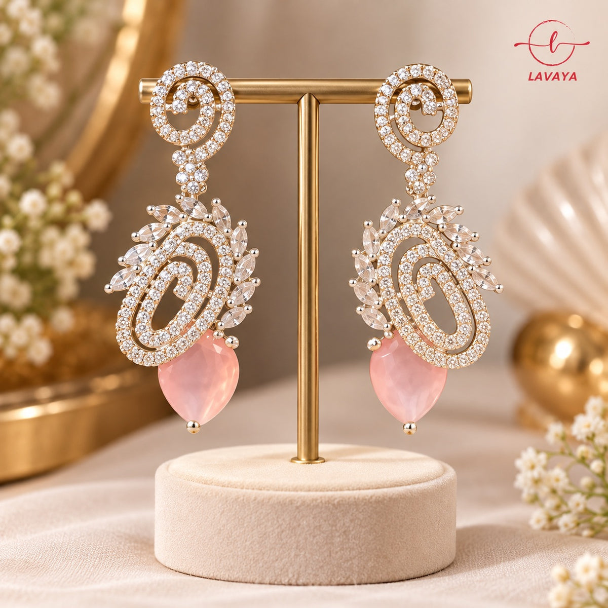 Lavaya Luxury Silver-Tone Crystal Swirl Earrings with Pink Teardrop Stone for Women – Premium Elegant Designer Wedding & Party Wear Jewellery