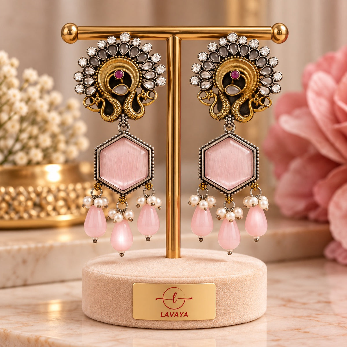 Lavaya Royal Blush Pink Peacock Statement Earrings with Crystal Accents & Pearl Drops