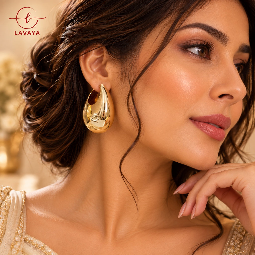 Oversized Teardrop Hollow Hoop Earrings with Mirror-Shine Gold Finish for Women