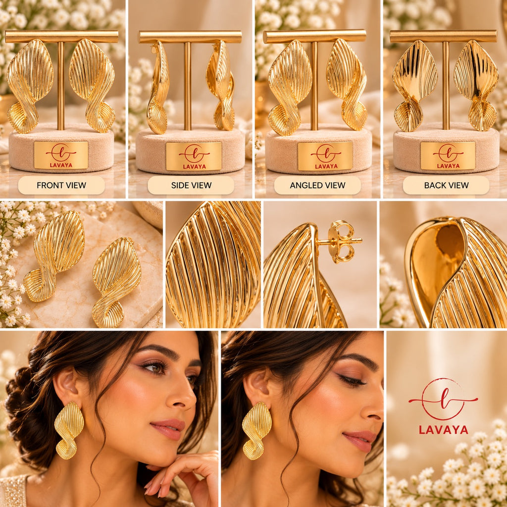 Oversized Fine-Ribbed Organic Leaf Dangler Studs for Festive & Cocktail Glam