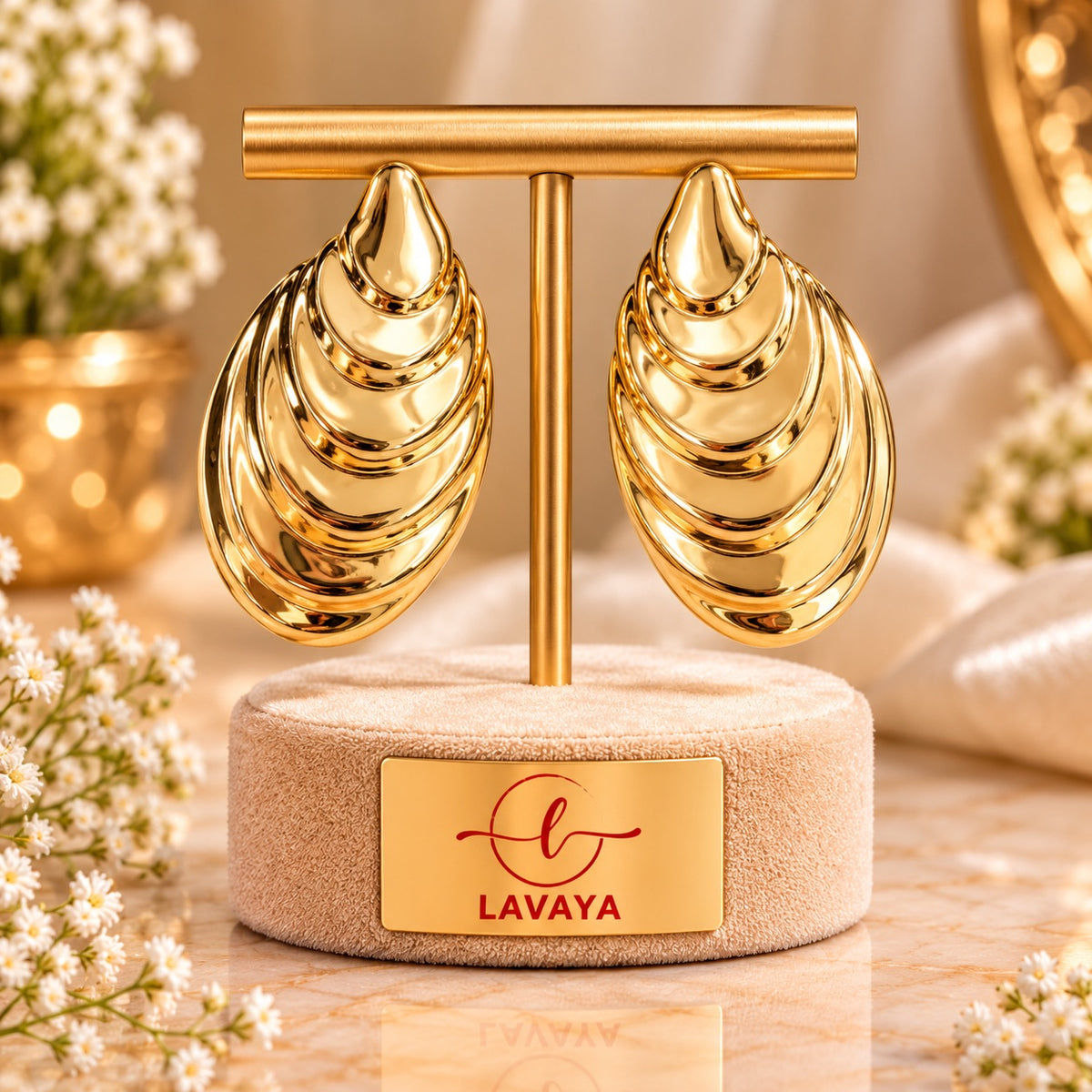 Tiered Scalloped Seashell Statement Stud Earrings in High-Shine Mirror Gold Finish