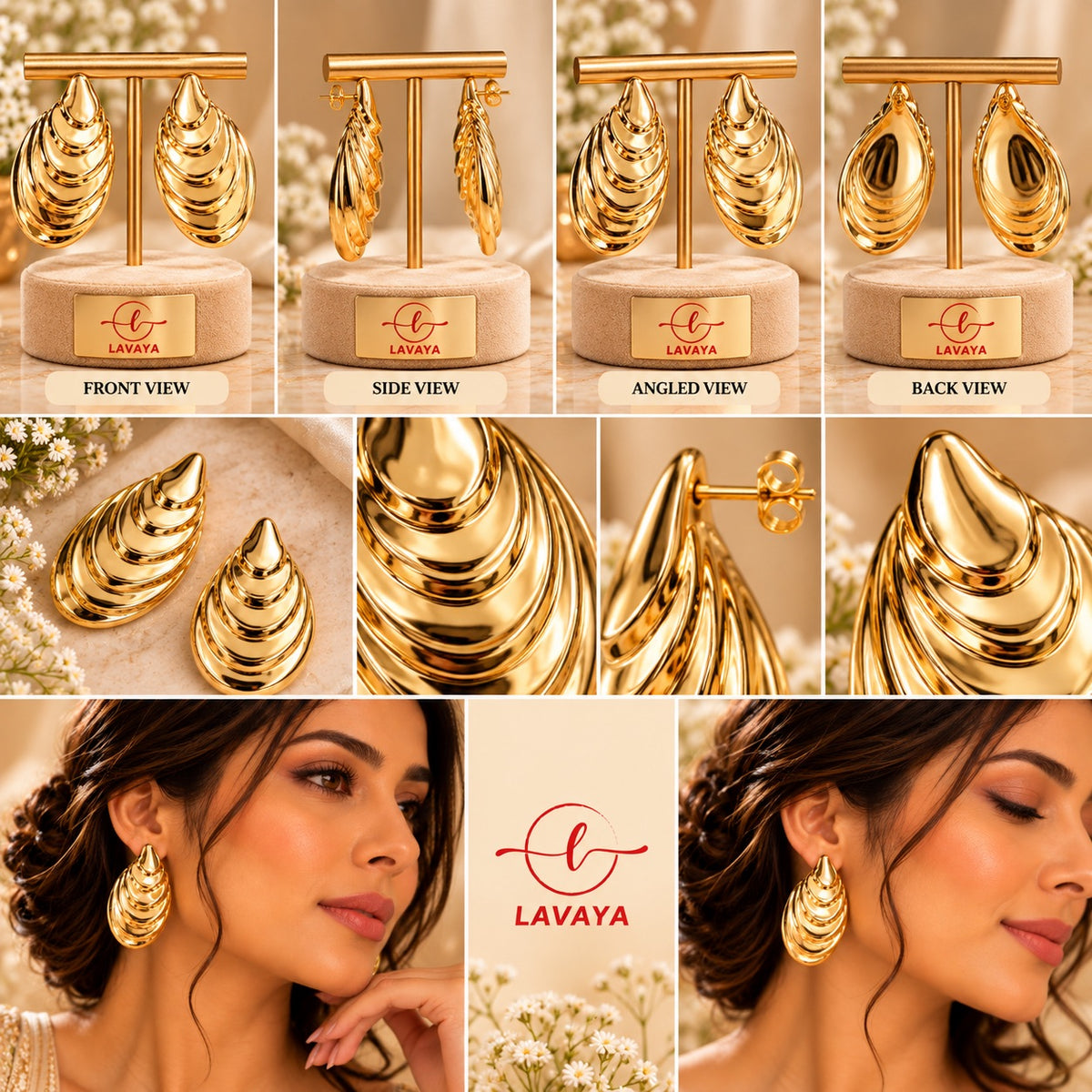 Tiered Scalloped Seashell Statement Stud Earrings in High-Shine Mirror Gold Finish