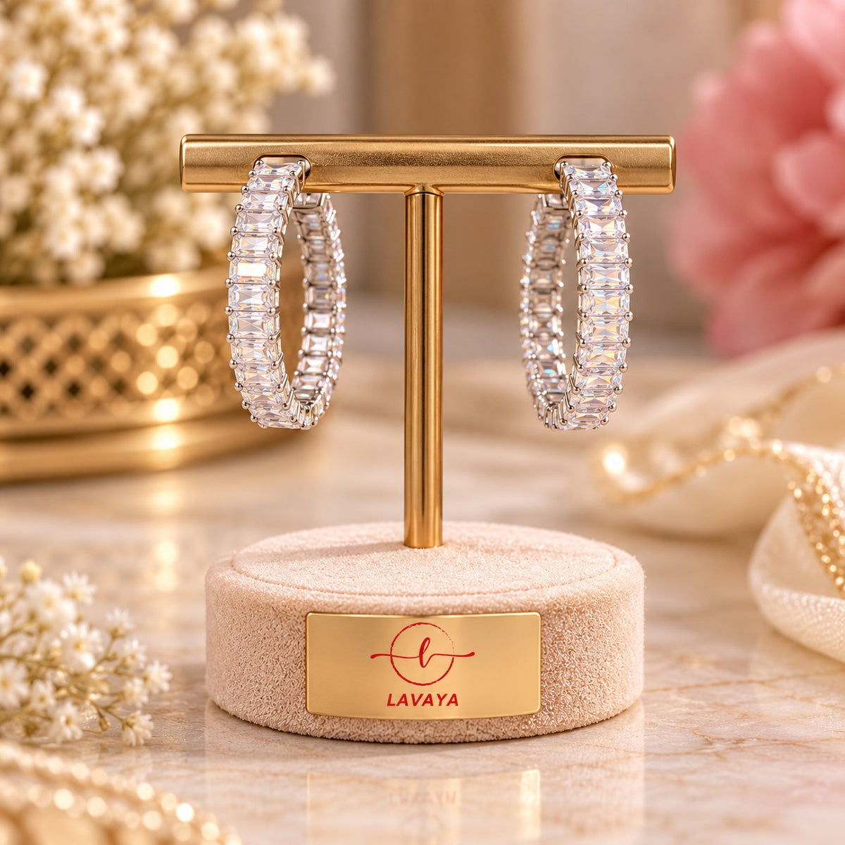 Sparkling Baguette-Cut Cubic Zirconia Chunky Silver Hoop Earrings for Women