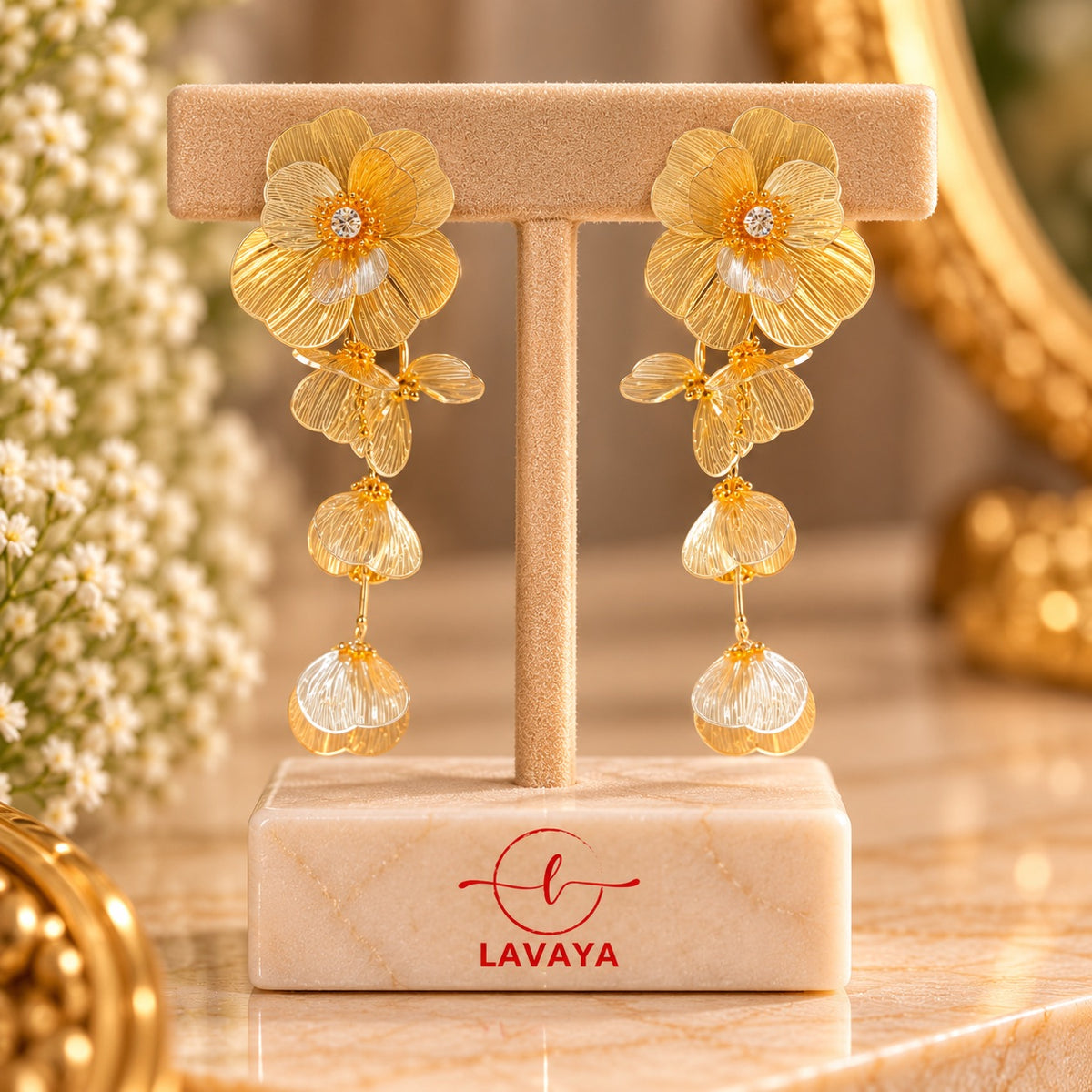 Multi-Tier Textured Floral Petal Drop Earrings with Crystal Center in Warm Gold Finish