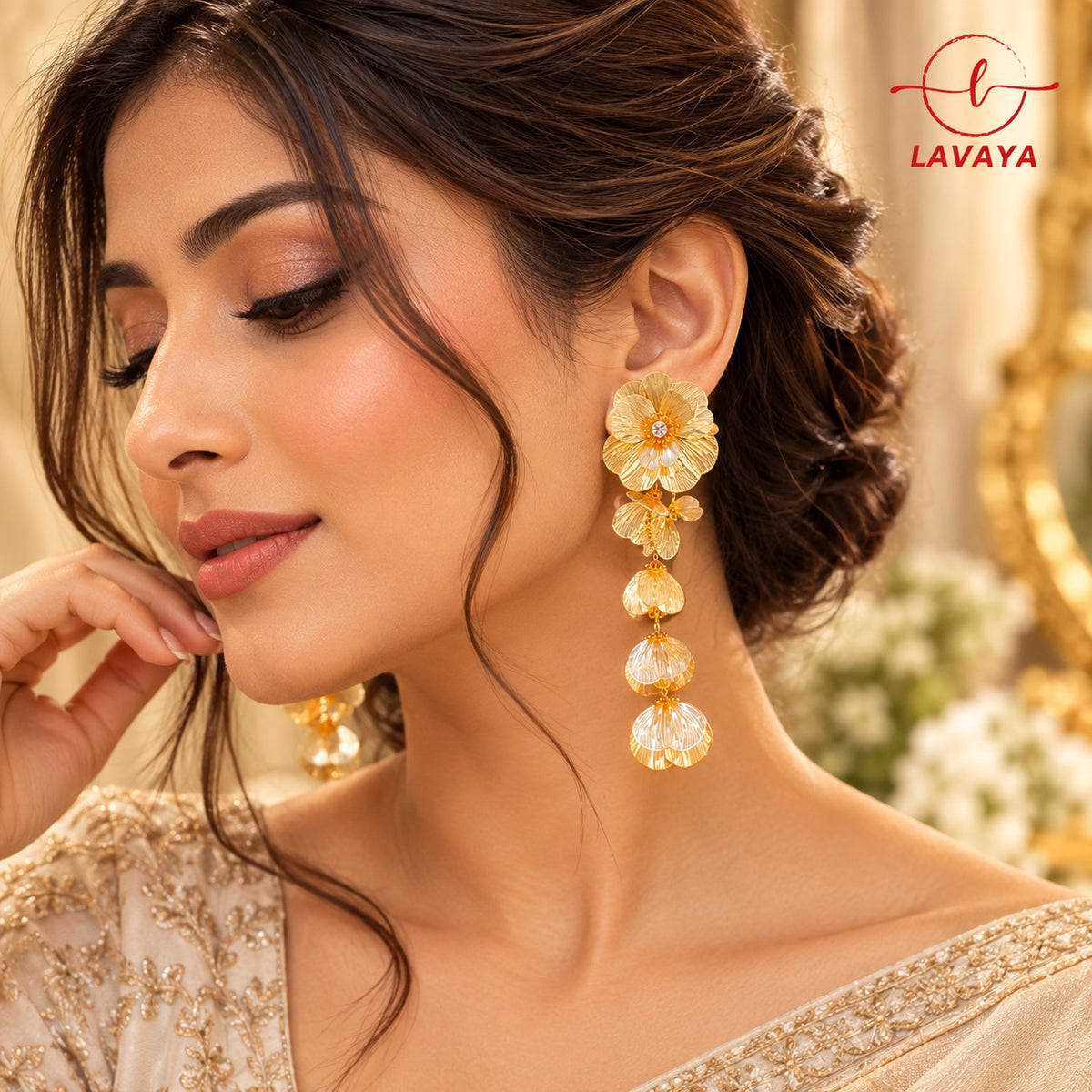 Multi-Tier Textured Floral Petal Drop Earrings with Crystal Center in Warm Gold Finish