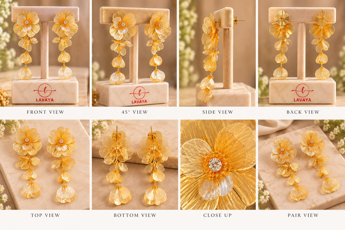 Multi-Tier Textured Floral Petal Drop Earrings with Crystal Center in Warm Gold Finish