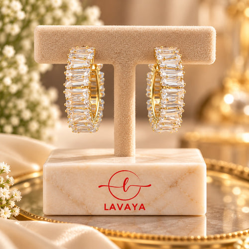 Baguette Eternity Sparkle: Chunky Baguette Cut Cubic Zirconia Huggie Hoop Earrings in Warm Gold Setting for Women