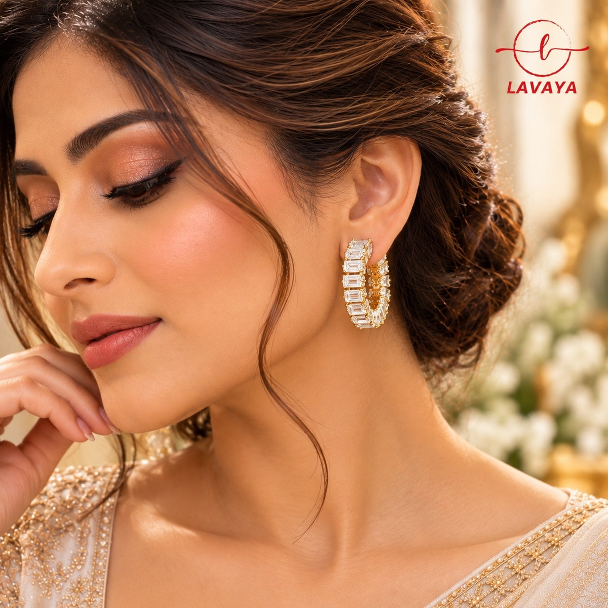 Baguette Eternity Sparkle: Chunky Baguette Cut Cubic Zirconia Huggie Hoop Earrings in Warm Gold Setting for Women