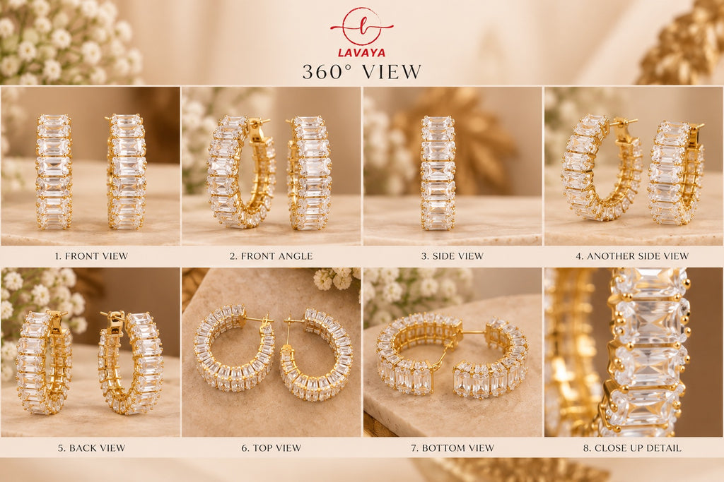 Baguette Eternity Sparkle: Chunky Baguette Cut Cubic Zirconia Huggie Hoop Earrings in Warm Gold Setting for Women
