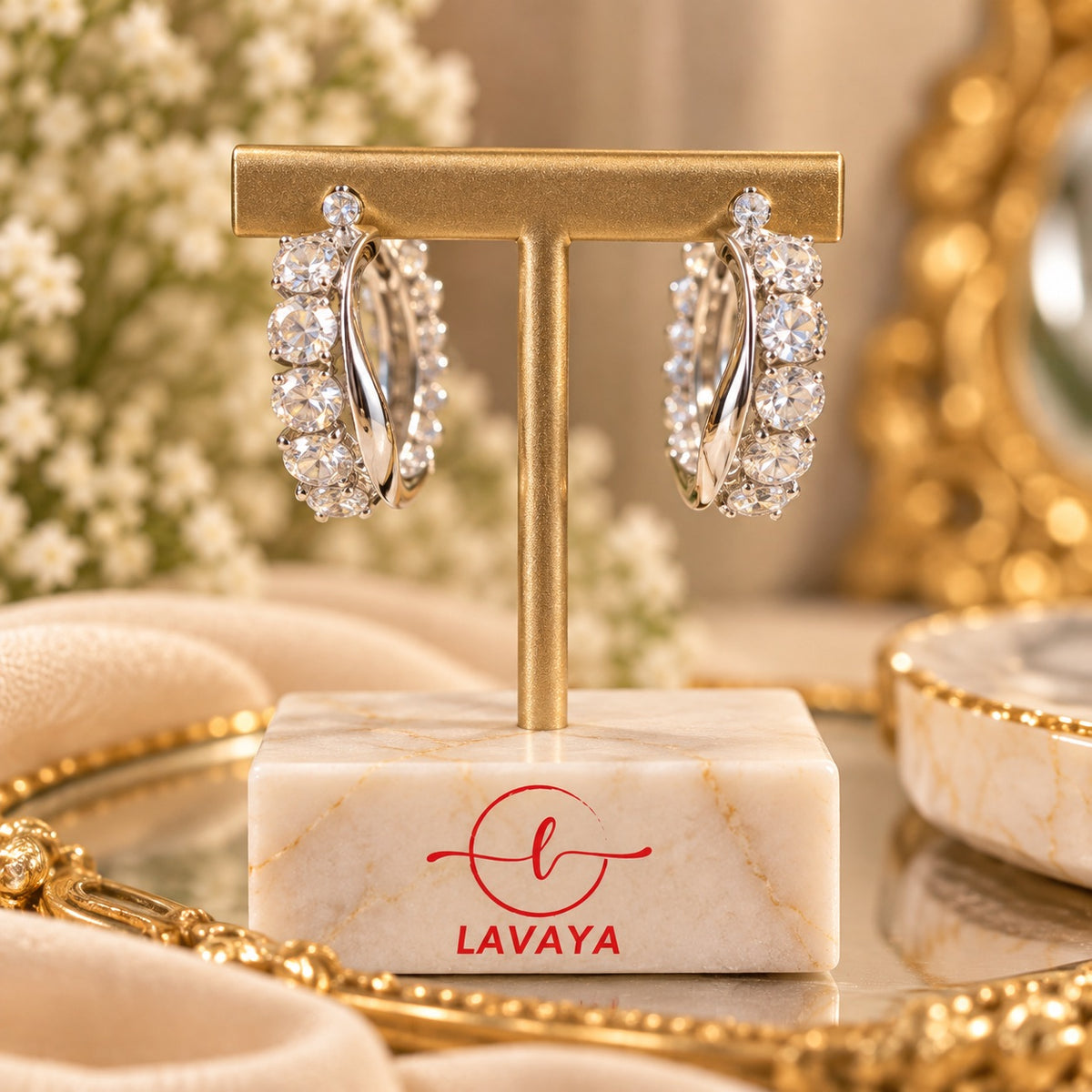 Lavaya Elegant Crystal Studded Silver-Tone Hoop Earrings for Women – Premium Sparkling Party Wear Jewellery