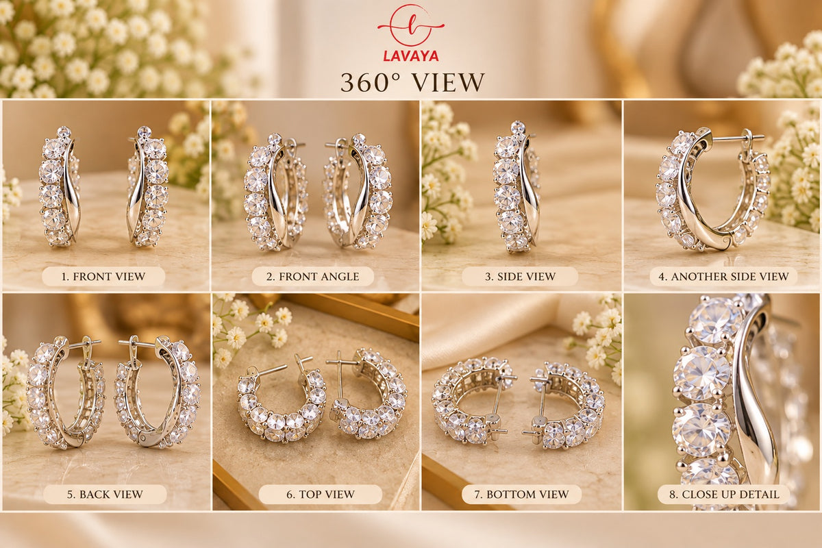 Lavaya Elegant Crystal Studded Silver-Tone Hoop Earrings for Women – Premium Sparkling Party Wear Jewellery