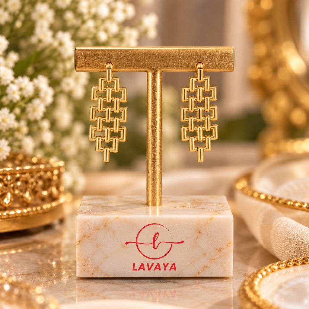 Vintage-Inspired Open-Work Geometric Gold Drop Earrings for Festive & Evening Wear