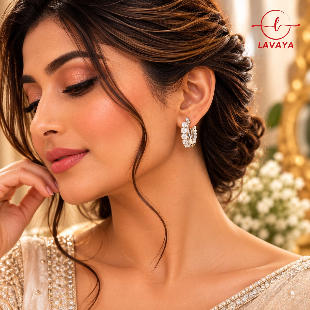 Lavaya Elegant Crystal Studded Silver-Tone Hoop Earrings for Women – Premium Sparkling Party Wear Jewellery
