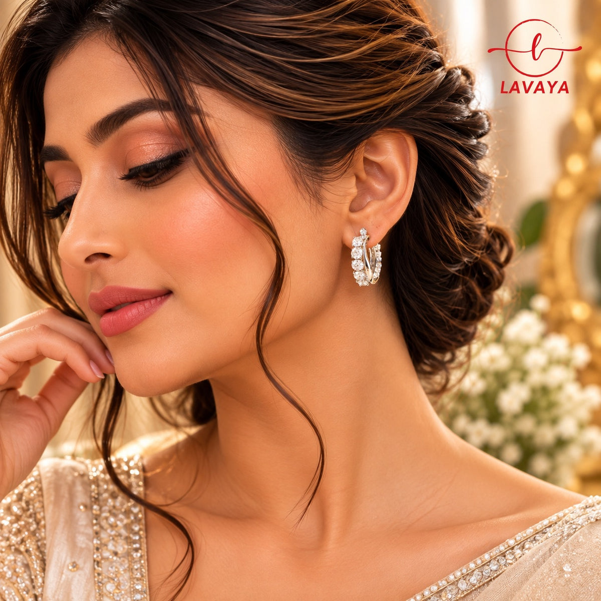 Lavaya Elegant Crystal Studded Silver-Tone Hoop Earrings for Women – Premium Sparkling Party Wear Jewellery