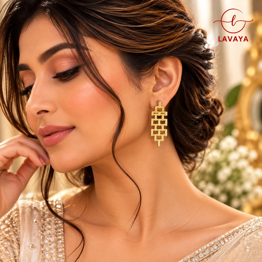 Vintage-Inspired Open-Work Geometric Gold Drop Earrings for Festive & Evening Wear