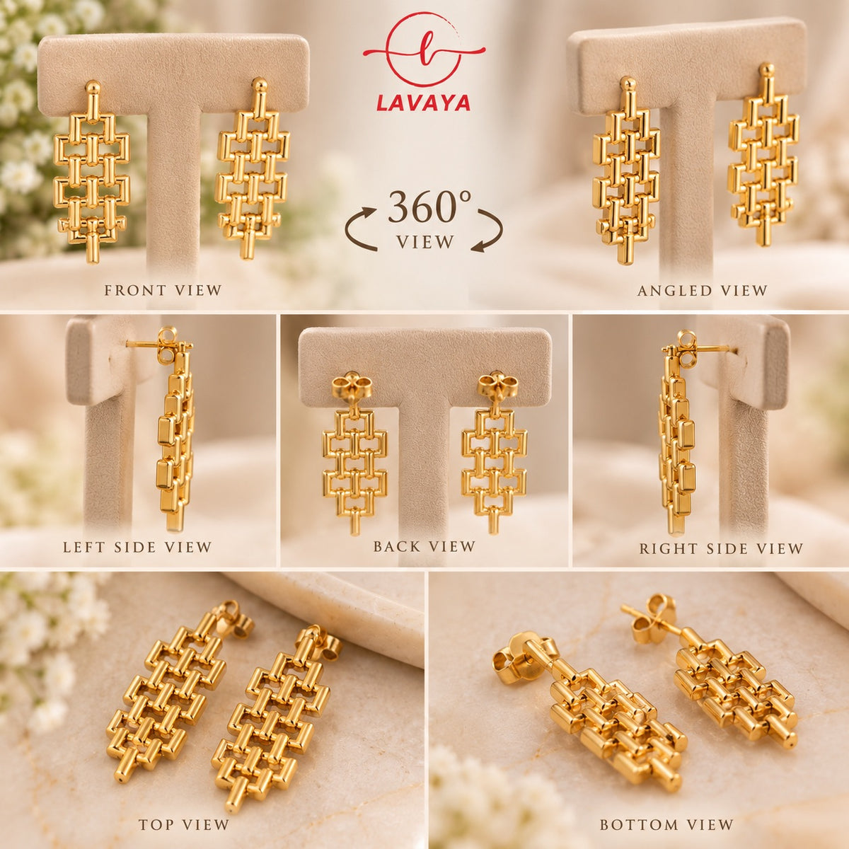 Vintage-Inspired Open-Work Geometric Gold Drop Earrings for Festive & Evening Wear