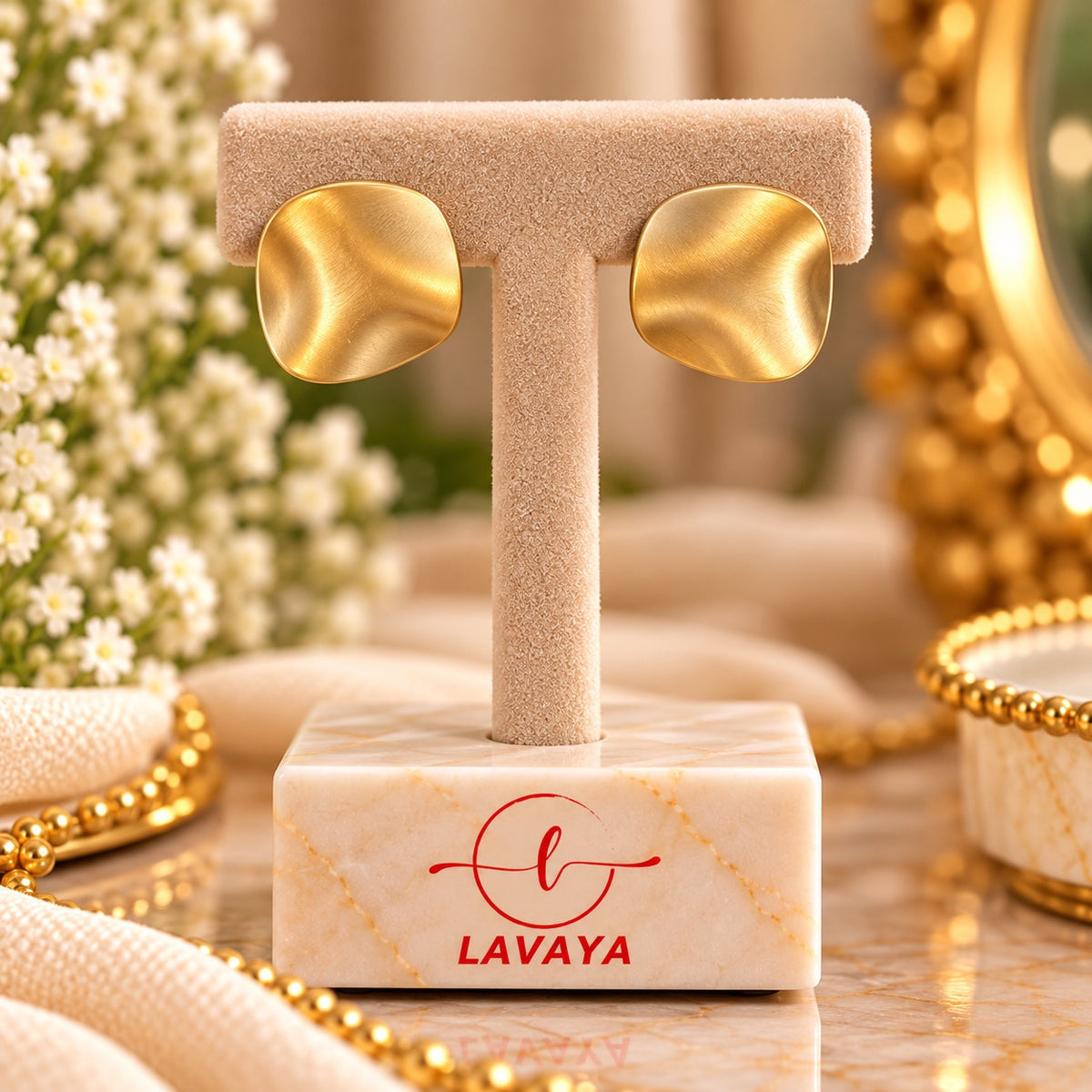 Brushed Gold Concave Square-Round Shield Ear Tops for Daily & Office Wear