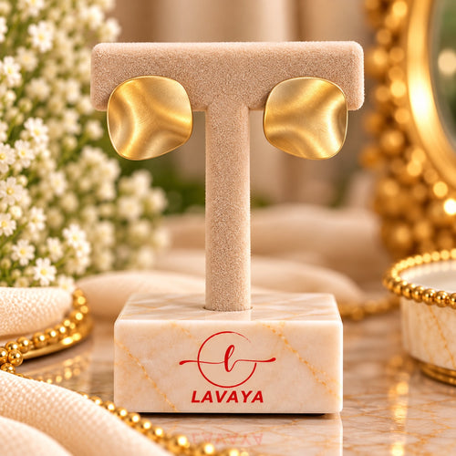 Brushed Gold Concave Square-Round Shield Ear Tops for Daily & Office Wear