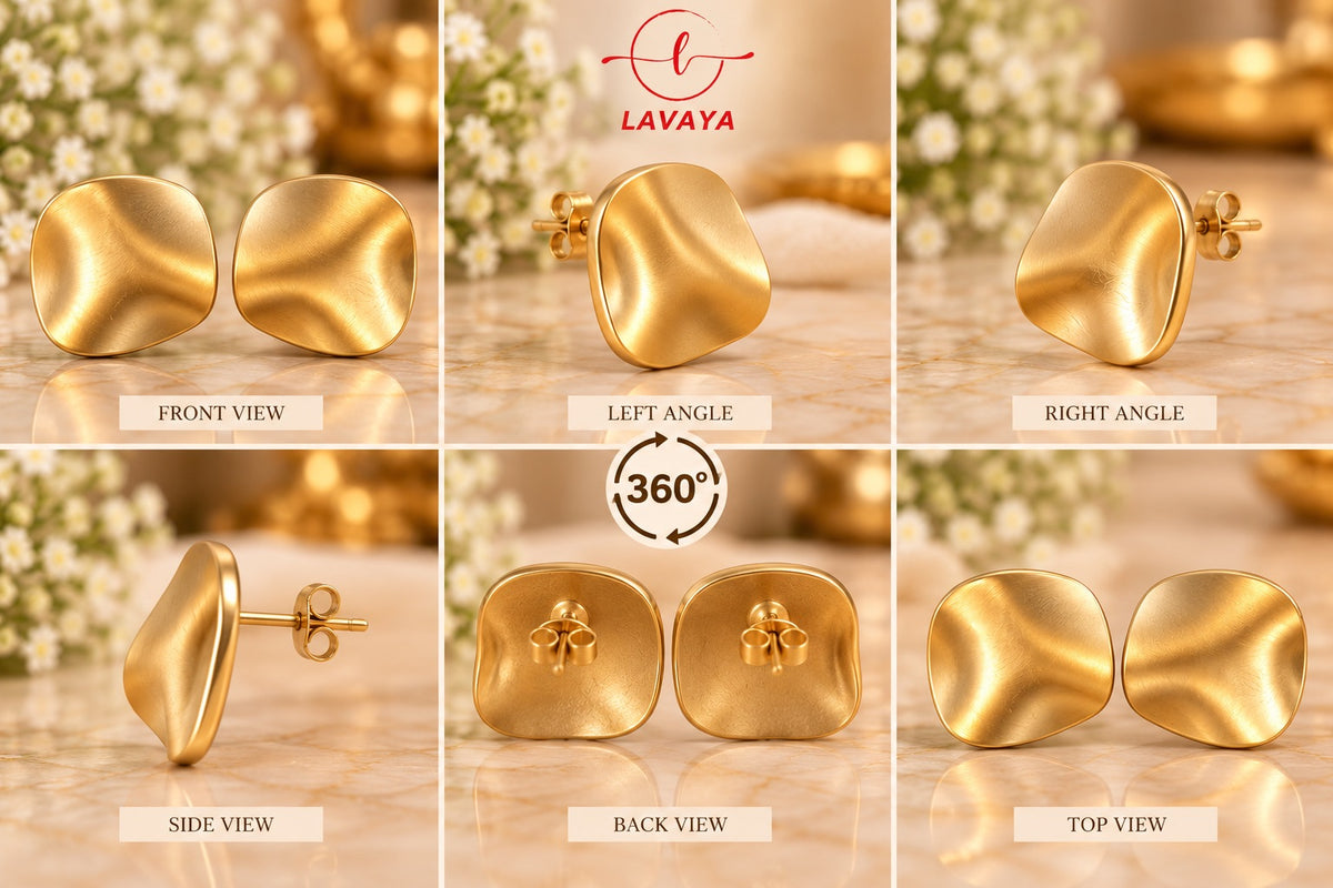 Brushed Gold Concave Square-Round Shield Ear Tops for Daily & Office Wear