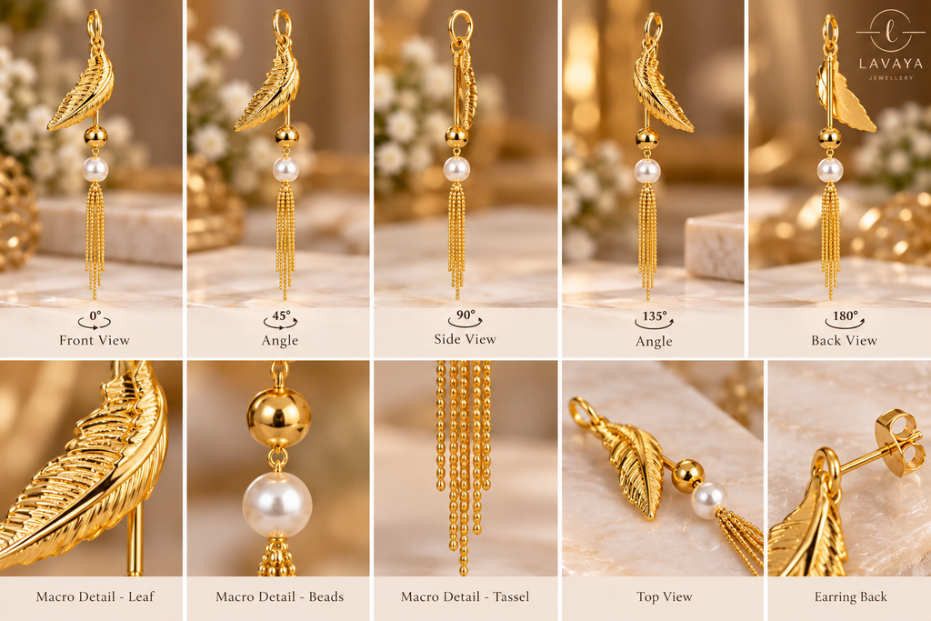 Gold Textured Feather Drop Earrings with Luminous Pearl & Chain Tassels – Long Linear Statement Dusters