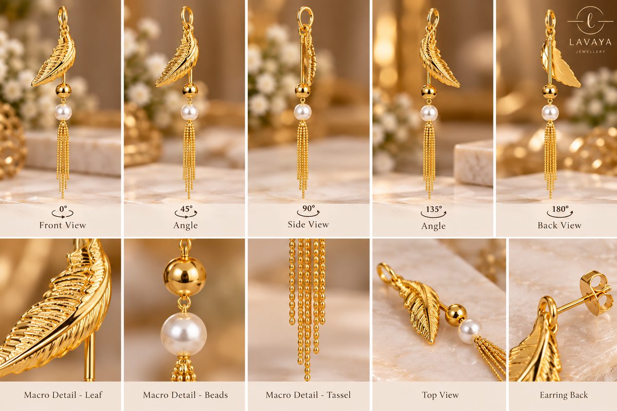 Gold Textured Feather Drop Earrings with Luminous Pearl & Chain Tassels – Long Linear Statement Dusters