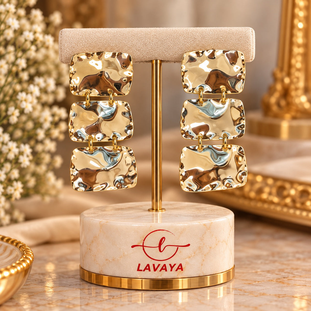 Golden Hammered Geometric Triple Drop Statement Earrings