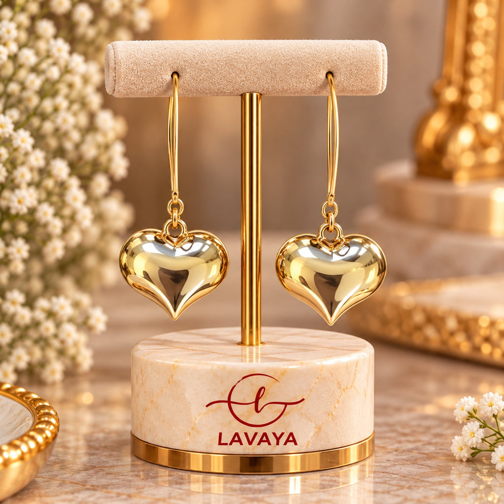 Elegant Golden Puffy Heart Charm Long Drop Earrings for Women – High Shine Polished Gold-Tone Romantic Statement Dangle Earrings