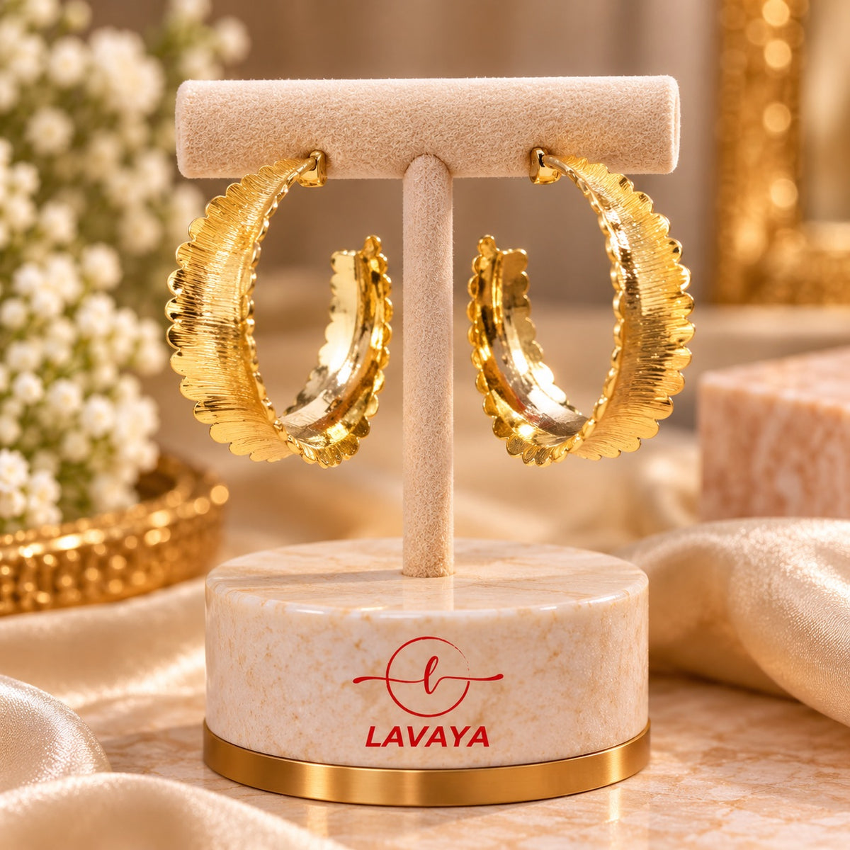 Lavaya Elegant Gold-Plated Textured Statement Hoop Earrings for Women
