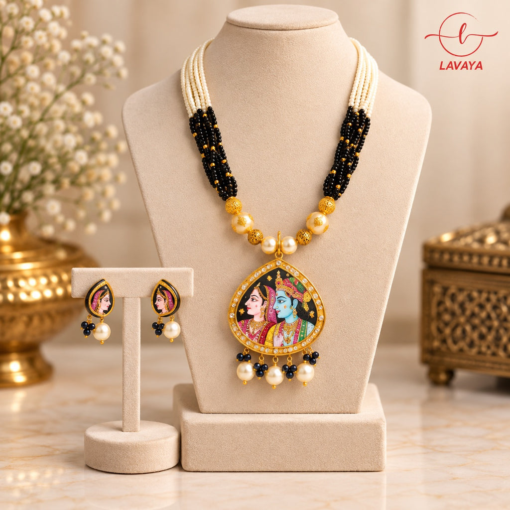 Royal Radha Krishna Meenakari Pendant Necklace Set with Black Beads & Pearl Drop Earrings