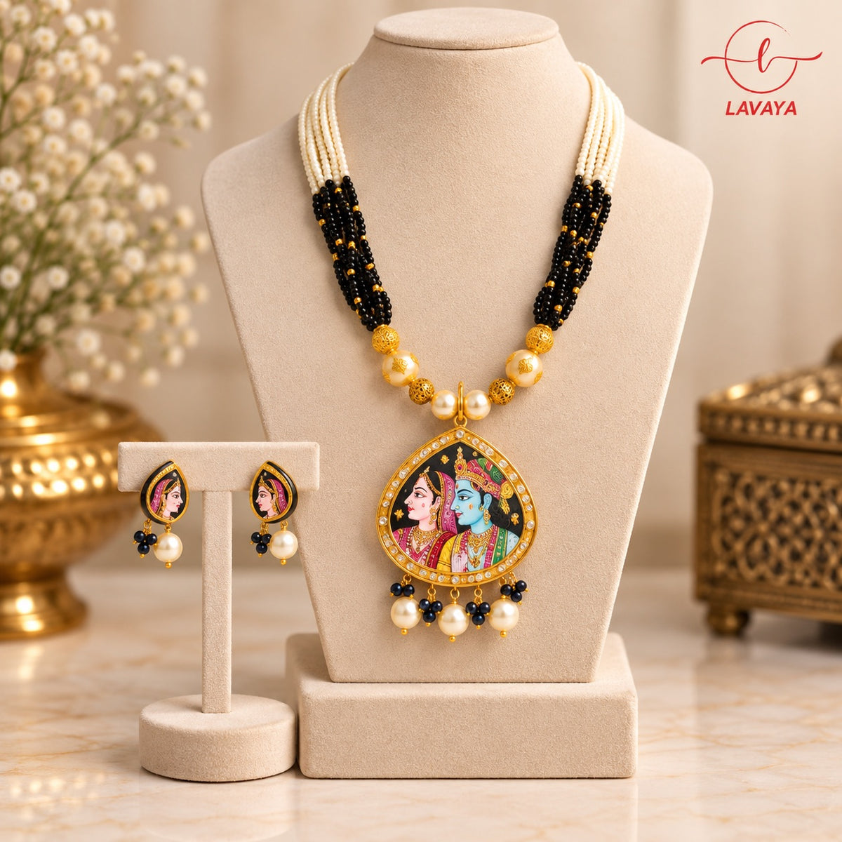 Hand Painted Royal Radha Krishna Pearl & Black Beaded Reversible & Customizable Necklace Set with Traditional Earrings