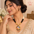 Hand Painted Royal Radha Krishna Pearl & Black Beaded Reversible & Customizable Necklace Set with Traditional Earrings