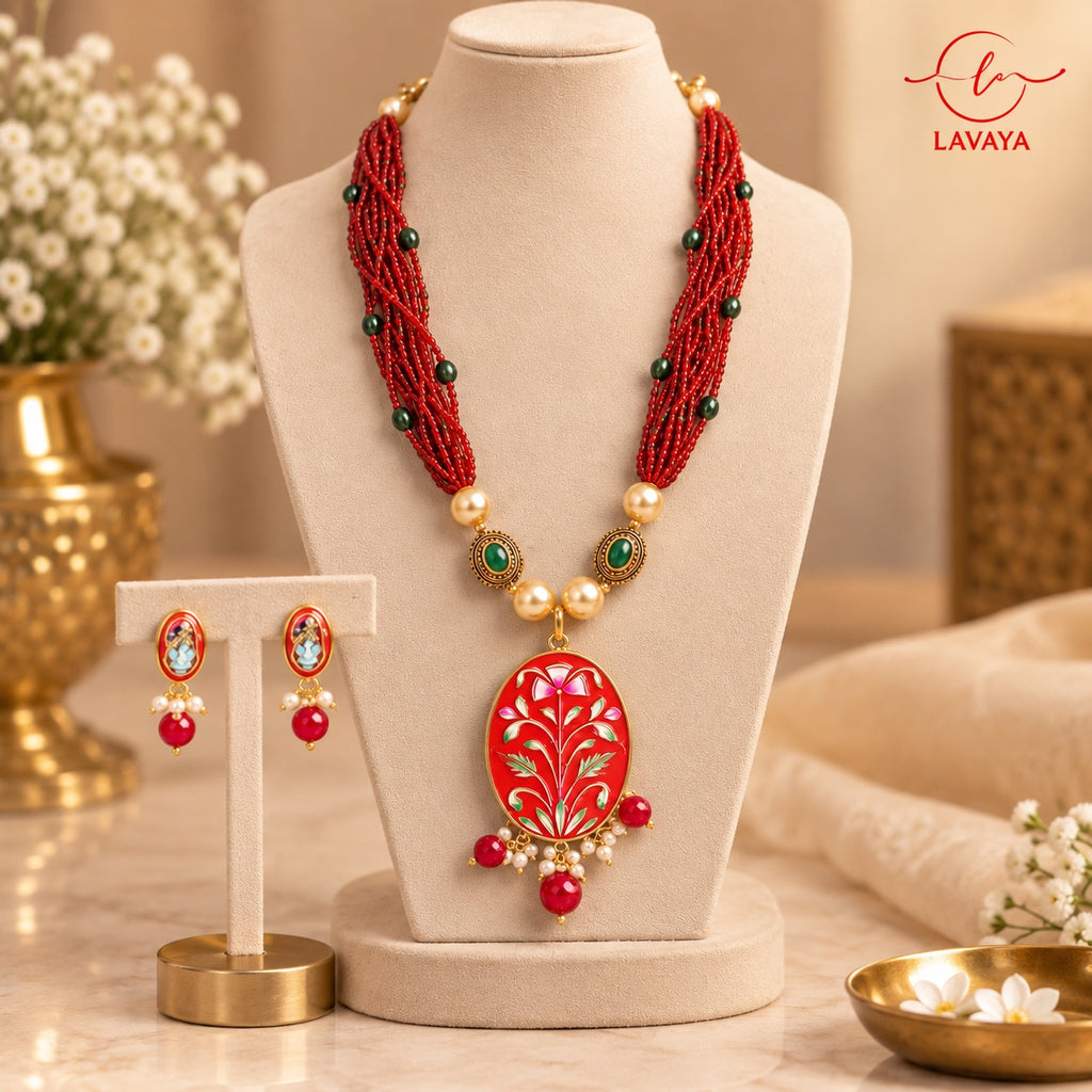 Royal Red Meenakari Floral Hand Painted Reversible & Customizable Pendant Multi-Strand Necklace Set with Green Beads & Matching Earrings