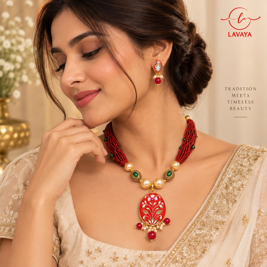 Royal Red Meenakari Floral Hand Painted Reversible & Customizable Pendant Multi-Strand Necklace Set with Green Beads & Matching Earrings
