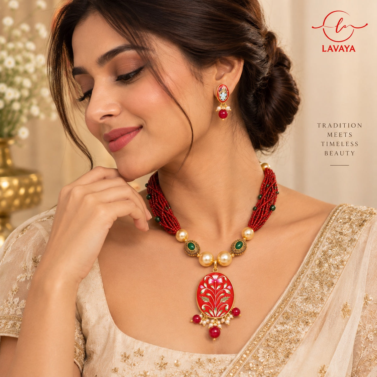 Royal Red Meenakari Floral Hand Painted Reversible & Customizable Pendant Multi-Strand Necklace Set with Green Beads & Matching Earrings