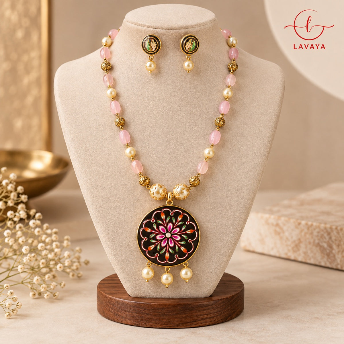 Royal Blush Pink Meenakari Pendant Necklace Set with Pearl Drop Earrings