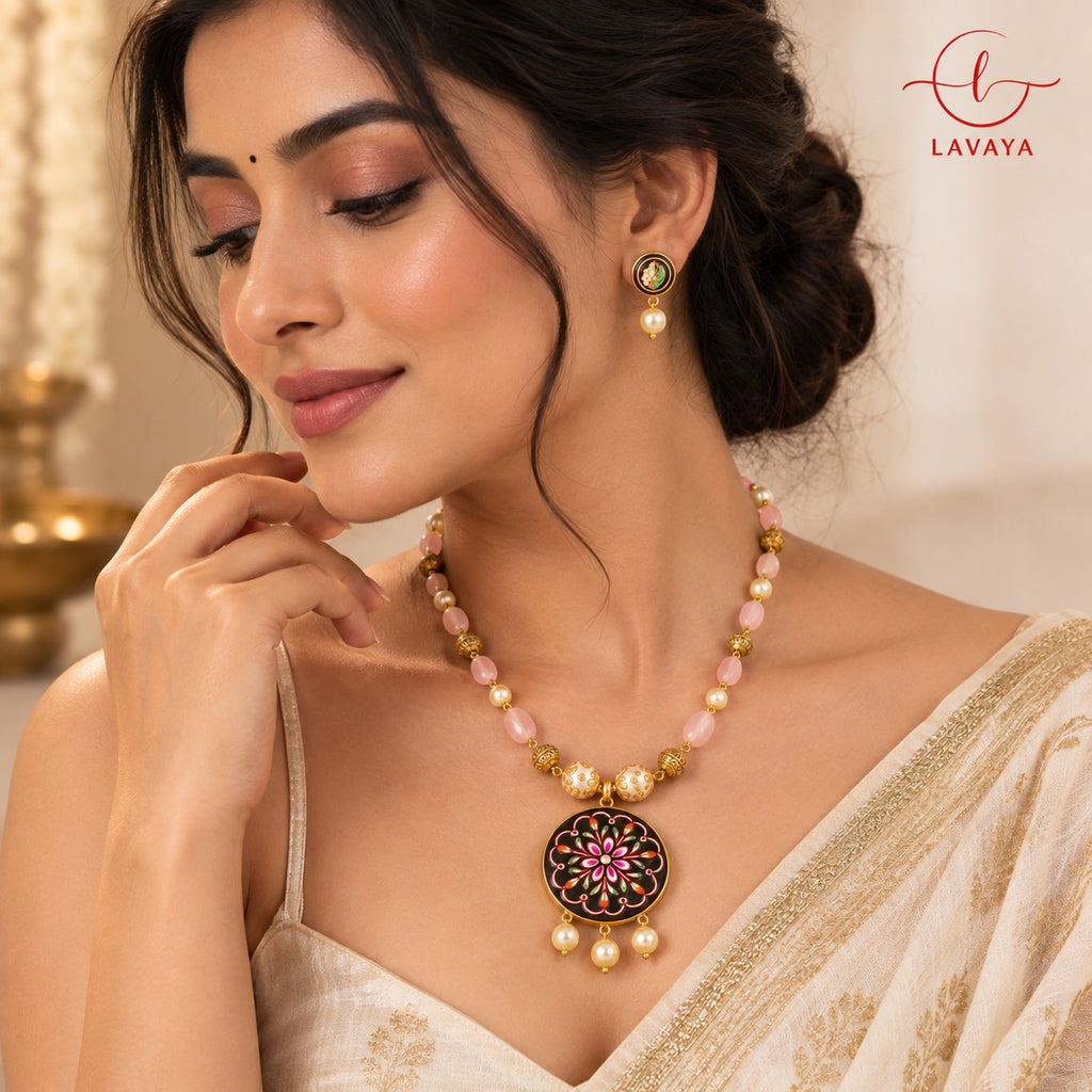 Royal Blush Pink Meenakari Pendant Necklace Set with Pearl Drop Earrings