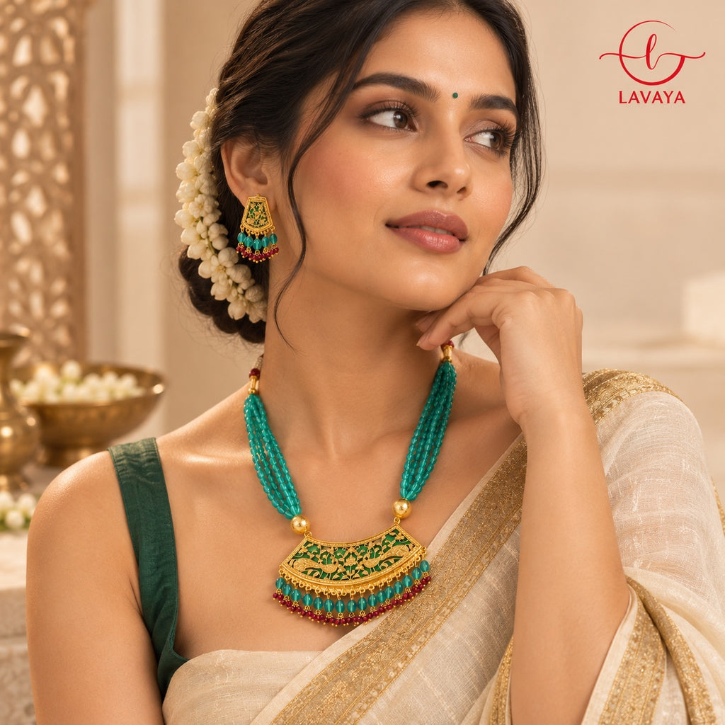 Lavaya Royal Emerald Green Multi-Layer Beaded Necklace Set with Traditional Meenakari Pendant & Matching Earrings
