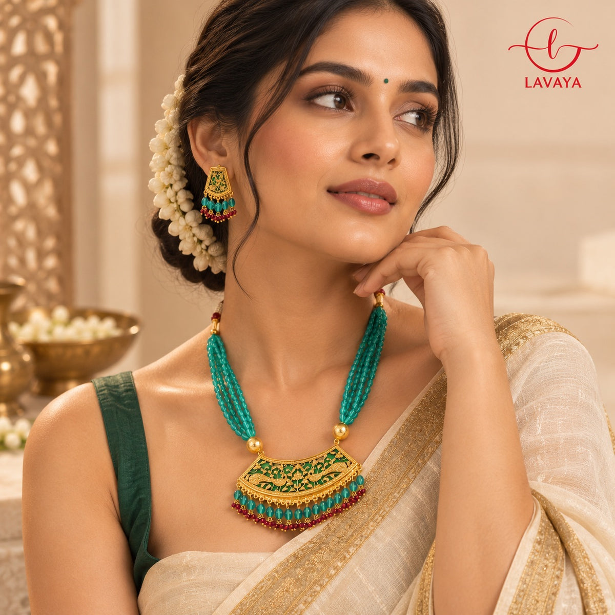 Lavaya Royal Emerald Green Multi-Layer Beaded Necklace Set with Traditional Meenakari Pendant & Matching Earrings