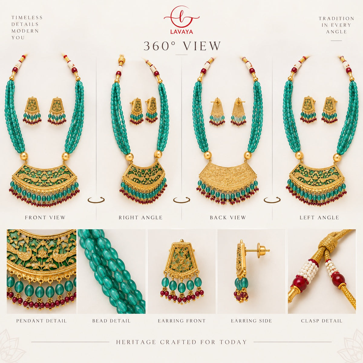 Lavaya Royal Emerald Green Multi-Layer Beaded Necklace Set with Traditional Meenakari Pendant & Matching Earrings