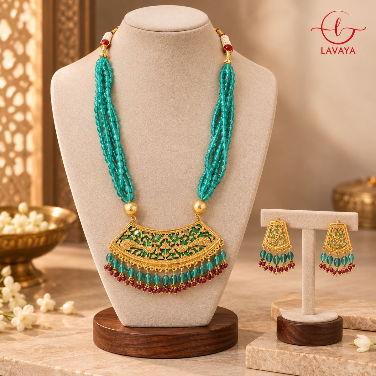 Lavaya Royal Emerald Green Multi-Layer Beaded Necklace Set with Traditional Meenakari Pendant & Matching Earrings