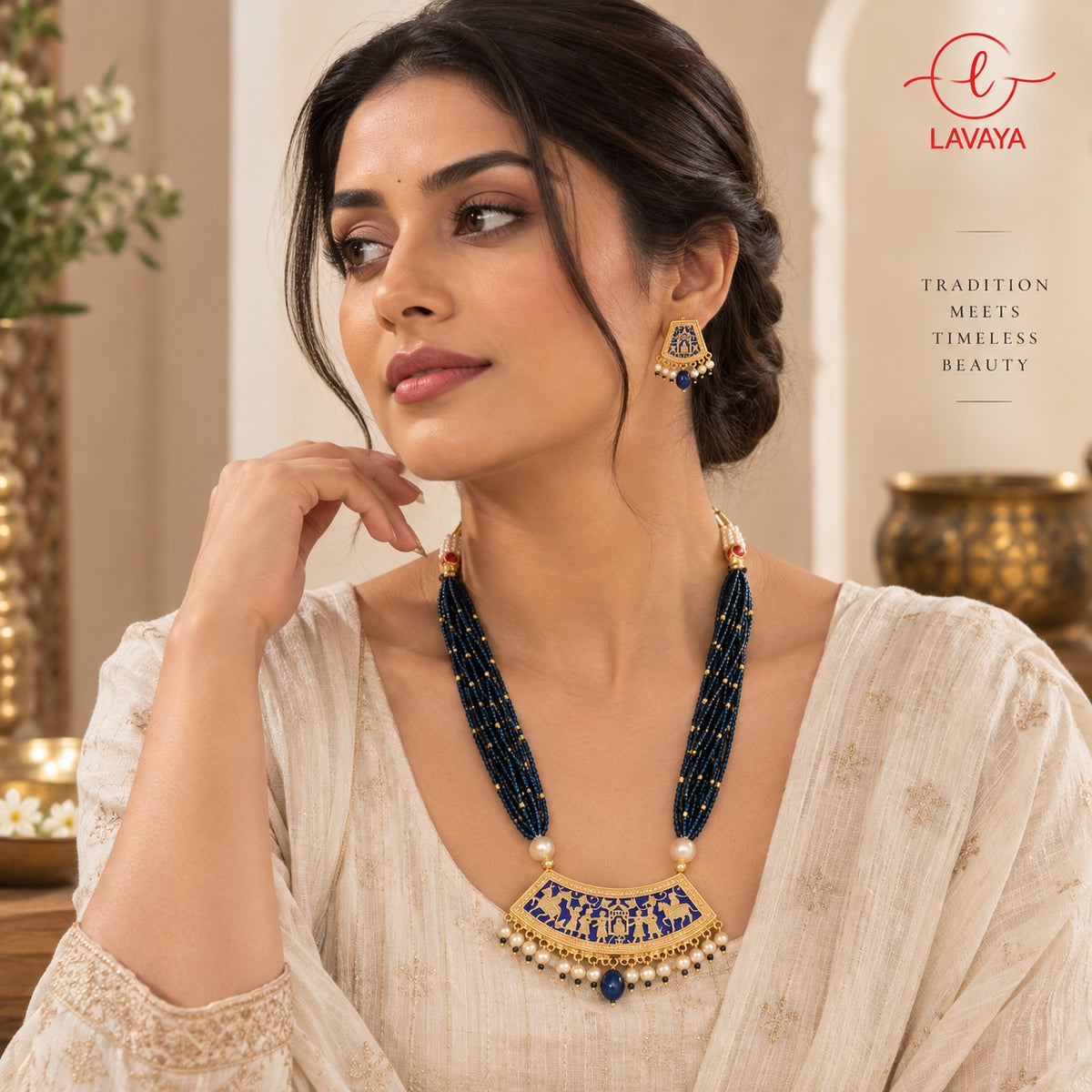 Lavaya Royal Navy Blue Multi-Layer Beaded Necklace Set with Traditional Meenakari Pendant & Matching Earrings