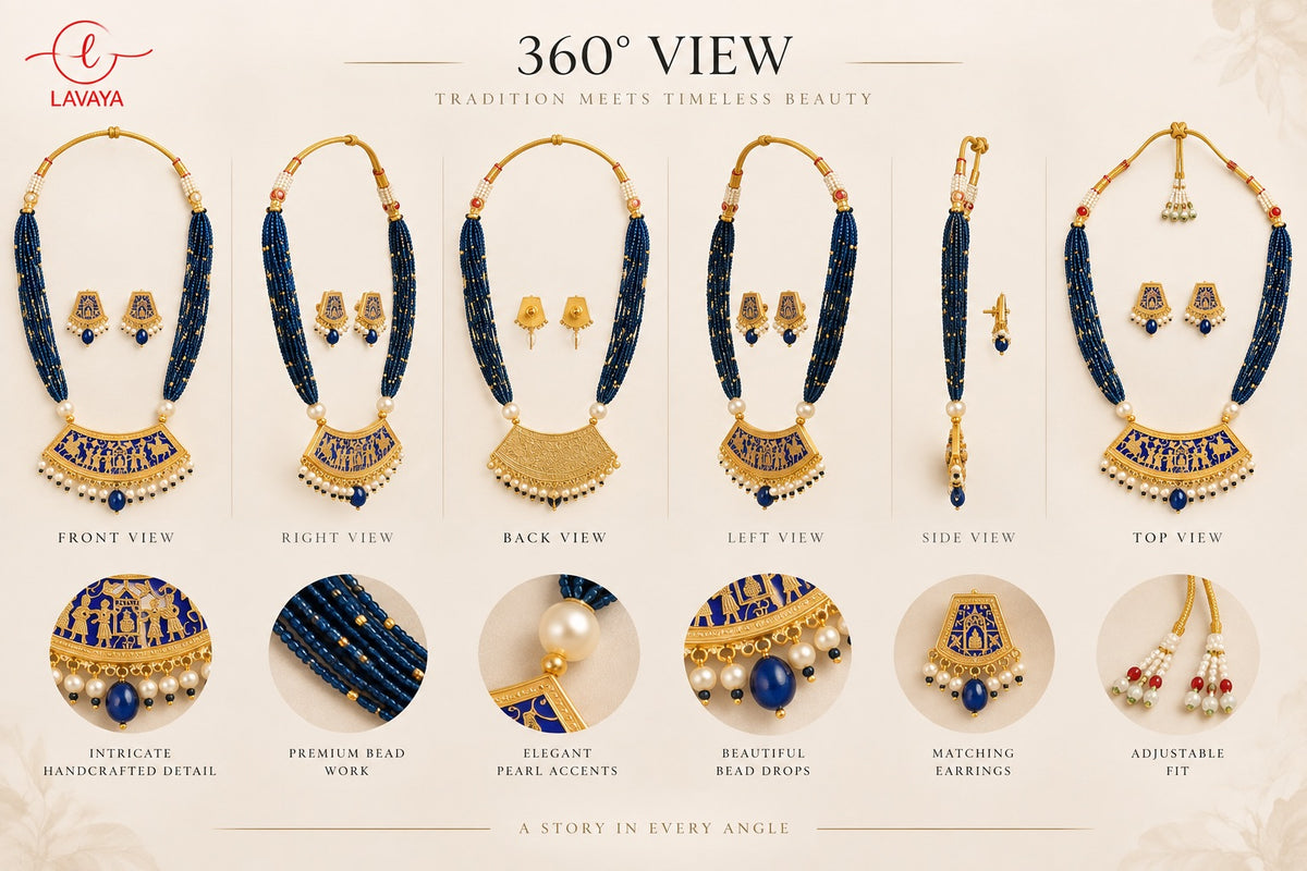 Lavaya Royal Navy Blue Multi-Layer Beaded Necklace Set with Traditional Meenakari Pendant & Matching Earrings
