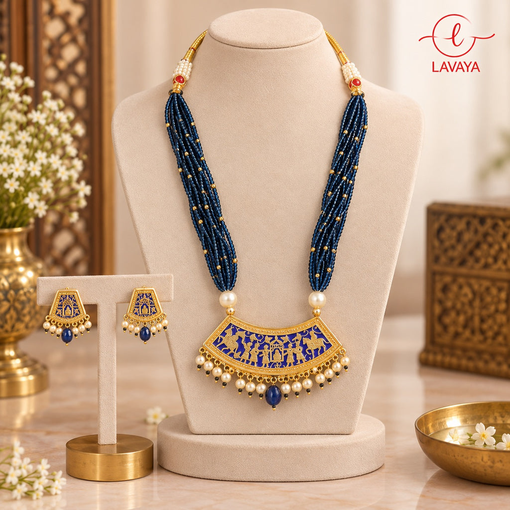 Lavaya Royal Navy Blue Multi-Layer Beaded Necklace Set with Traditional Meenakari Pendant & Matching Earrings