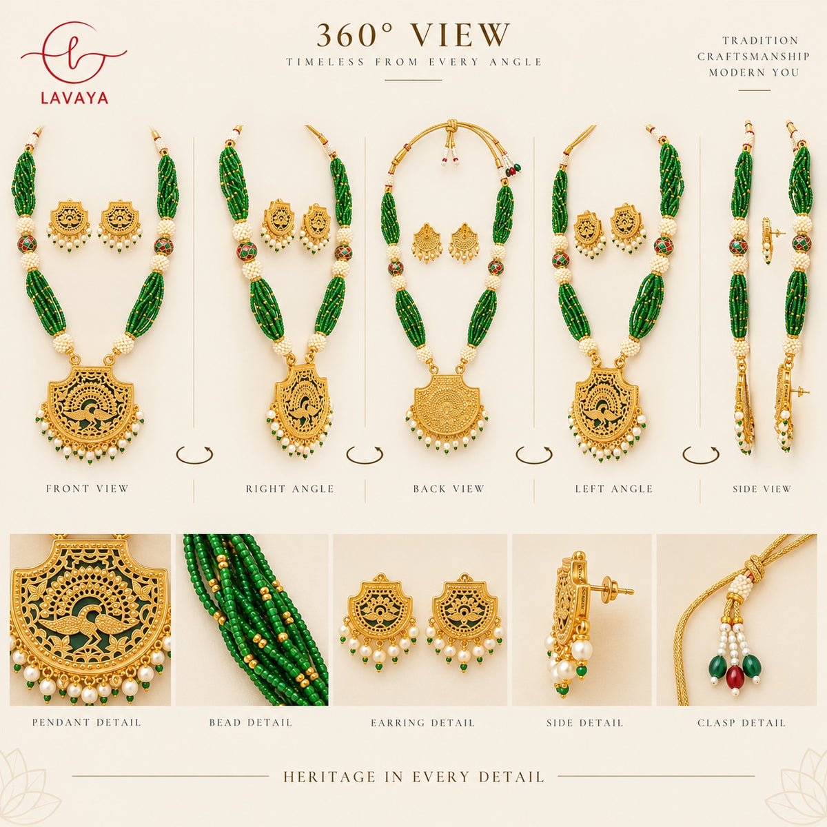 Lavaya Royal Emerald Green Beaded Peacock Pendant Necklace & Earrings Set