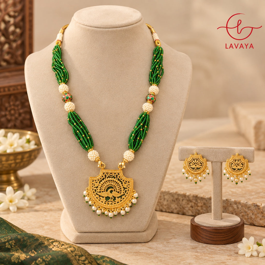 Lavaya Royal Emerald Green Beaded Peacock Pendant Necklace & Earrings Set