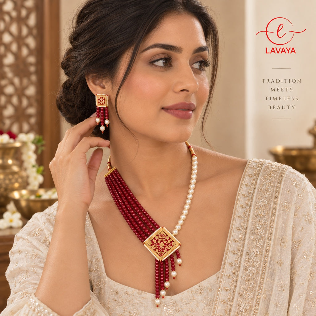 Lavaya Royal Ruby Red Beaded & Pearl Asymmetric Necklace Set with Antique Gold Floral Pendant and Matching Earrings