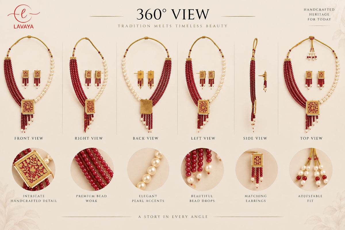 Lavaya Royal Maroon Pearl & Gold Floral Pendant Necklace Set